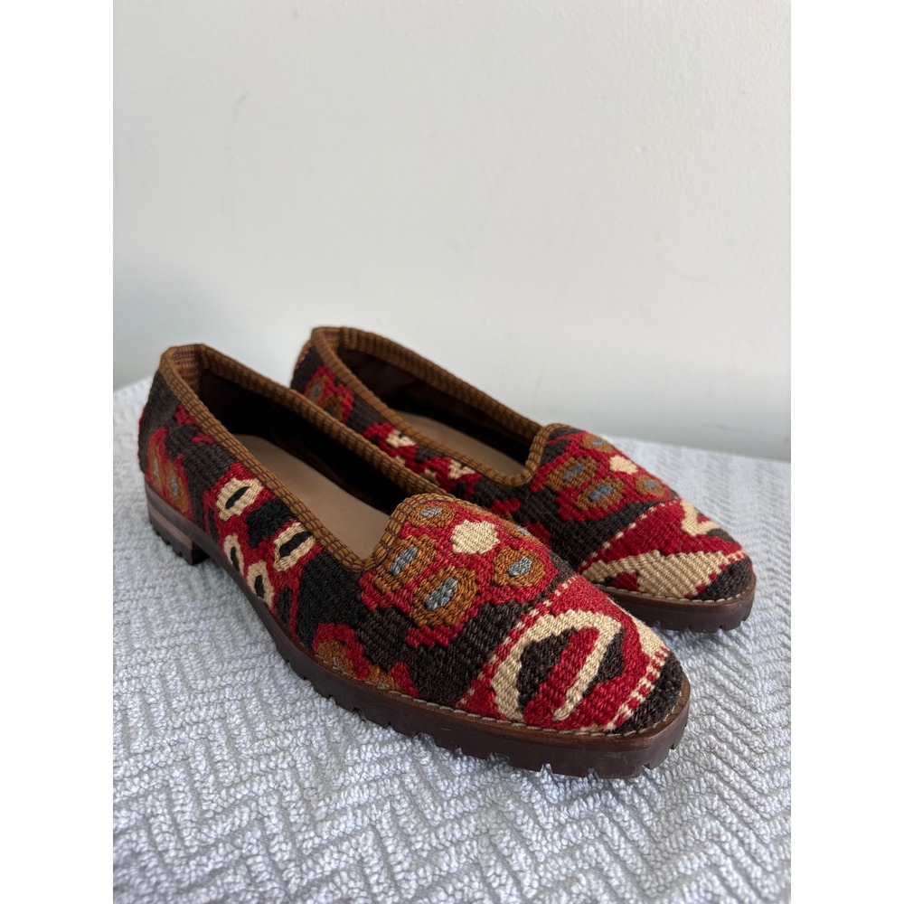 Woven Kilim Tapestry Loafers Red Brown Geometric Boho Lug Sole Smoking Shoes 7